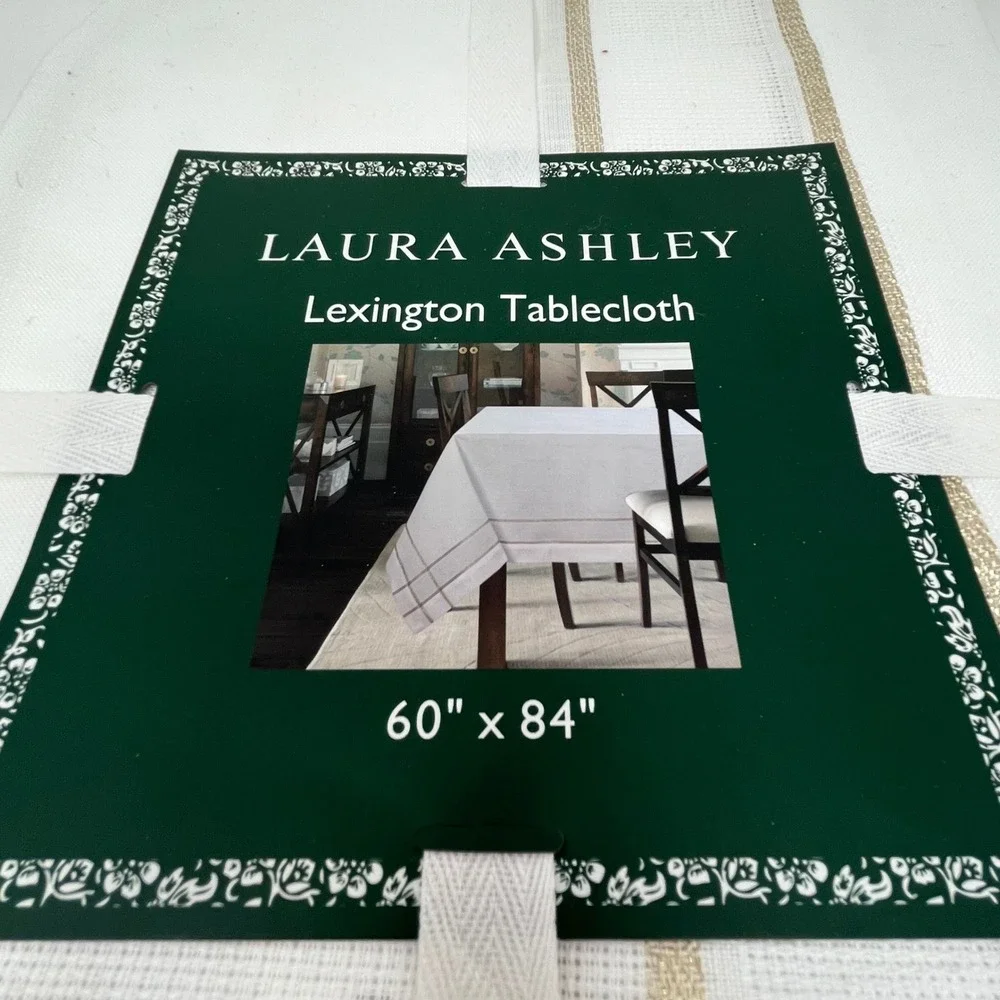 Laura Ashley Lexington Tablecloth White Sparkling Gold Ribbon 60 x 84 Inch New